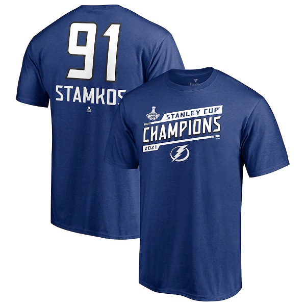 Men's Tampa Bay Lightning #86 Nikita Kucherov 2021 Blue Stanley Cup Champions Name & Number T-Shirt Men's Tampa Bay Lightning #86 Nikita Kucherov 2021 Blue Stanley Cup Champions Name & Number T-Shirt